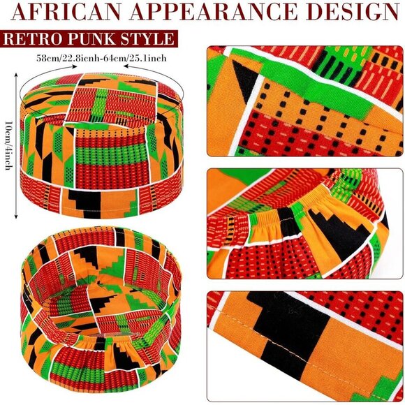3 Pcs 80s 90s Hip Hop Costume Set Kente Hat Necklace Earrings Accessories